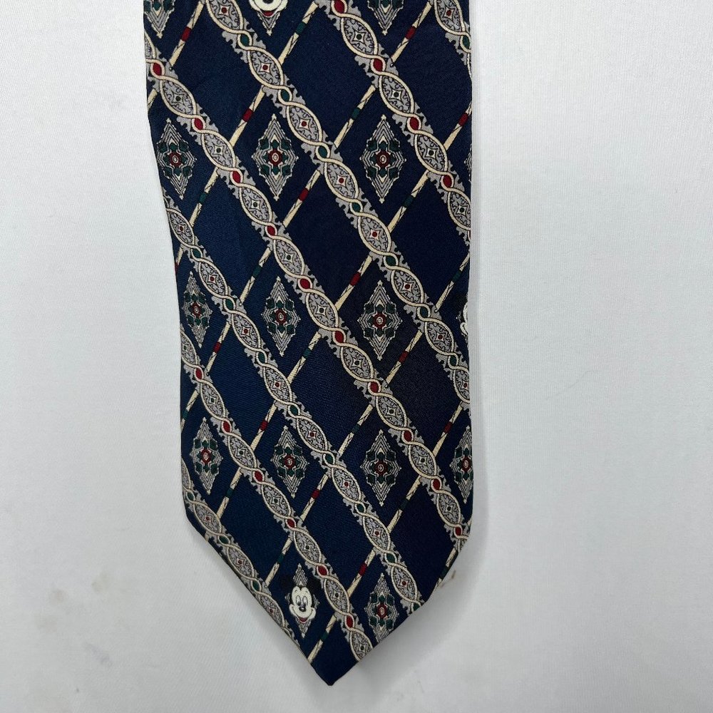 Mickey Inc. Men's Necktie 4” 100% Silk Medallions & Stripe Navy Blue Maroon Gold